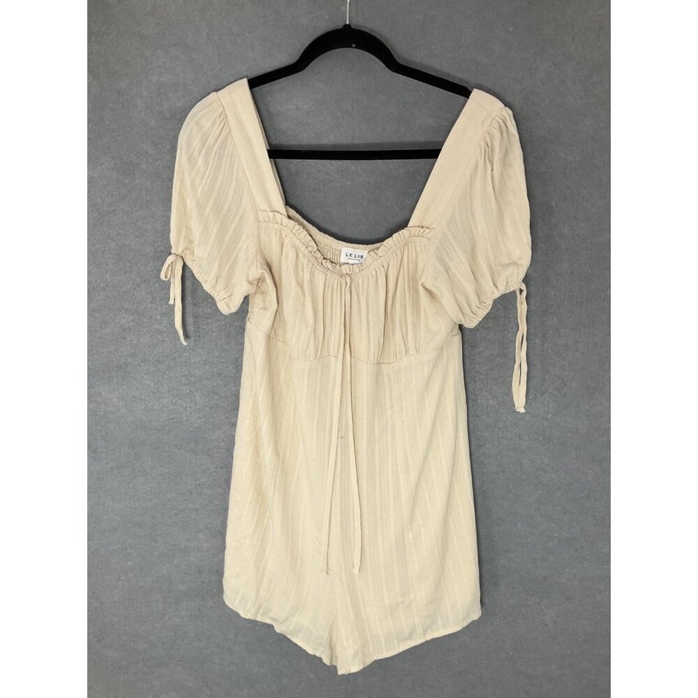 Le Lis Romper Womens Medium Beige Lined Smocked Gauzy Milkmaid Boho Peasant